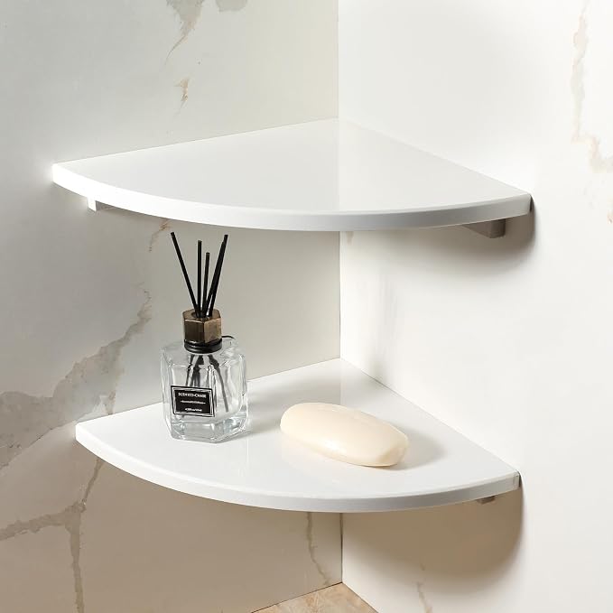 2Pcs Marble Corner Shower Caddies Shelves for Bathroom | 10'' White Marble Corner Shelves for Bath, Wall Mounted Stone Corner Shower Caddy, No Drilling Adhesive Shower Shelf