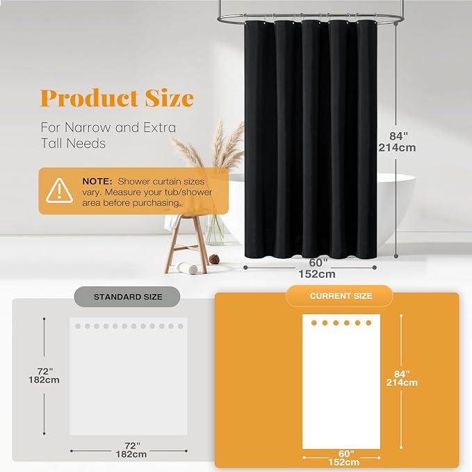 Narrow Long Linen Textured Shower Curtain for Bathroom, 60x84, Black | Narrow Long Size, 230GSM Waterproof Polyester, Heavy Duty Cloth, Weighted Hem, 10 Hooks, Modern Hotel Style, Machine Washable