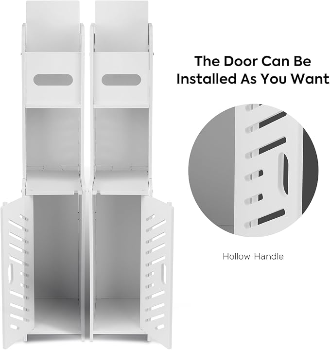 Toilet Paper Holder Stand, Slim Bathroom Storage Cabinet (White) | Narrow waterproof PVC skinny shelf stand and extra tissue paper roll holder. Smart space organizer for small restrooms.