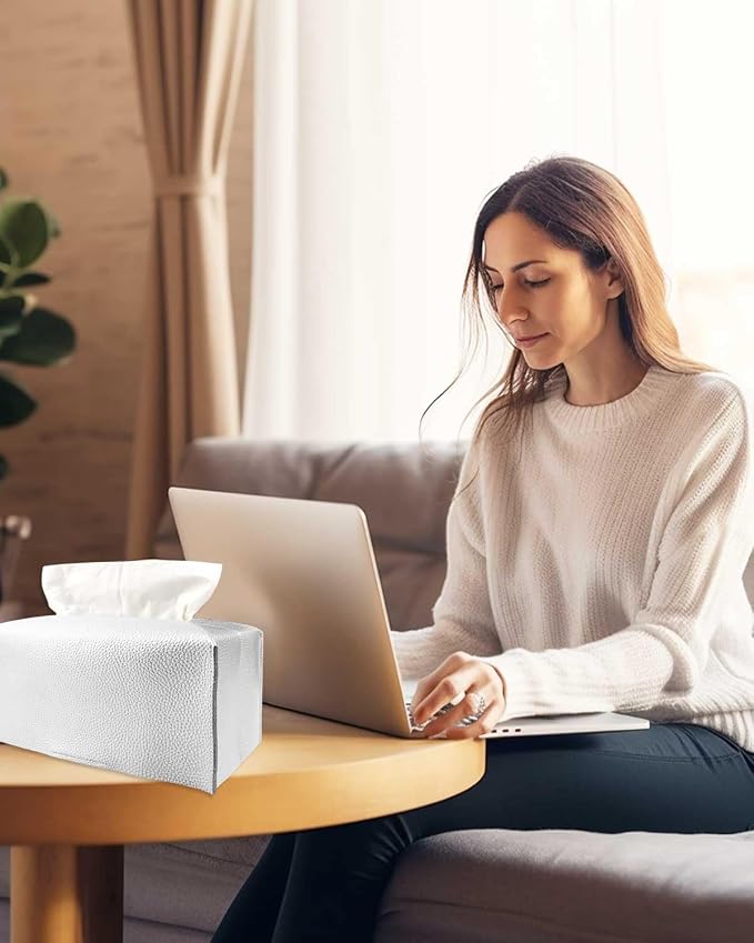 Rectangle Tissue Box Cover Silver - Normal Size Leather Rectangular Tissue Box Cover [JESMINI] Faux Leather Tissue Box Holder Long for Normal Rectangular Facial Tissue Box