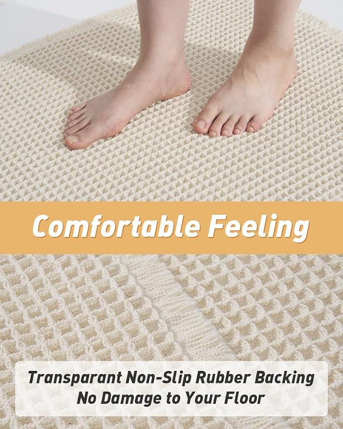 AMOAMI Upgraded Waffle Bath Mat, Super Absorbent Non Slip Bath Mats for Bathroom Floor, Machine Washable Bathroom Rugs with Tassels, Rubber Backed Bathroom Mats, Ultra Soft, 18" x 30", Pale Beige