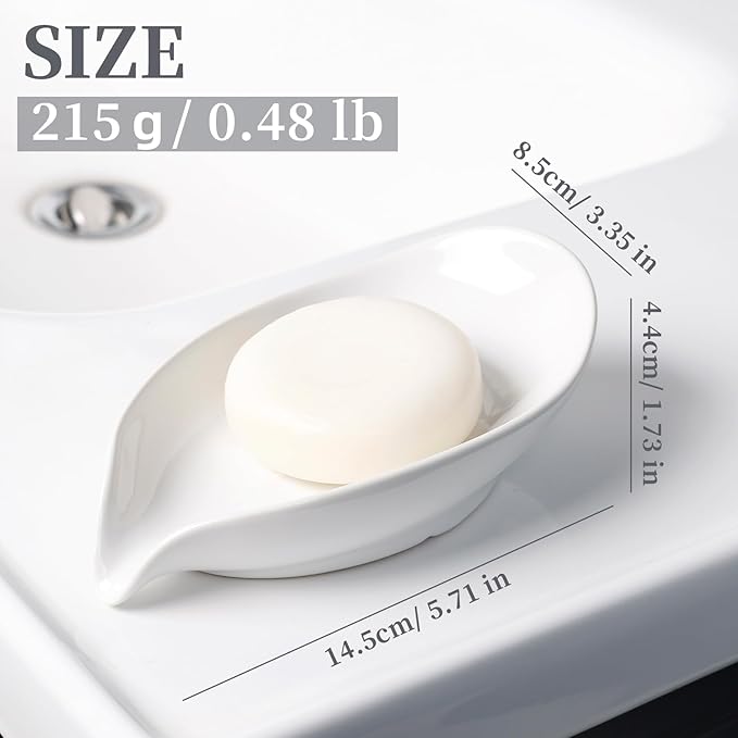 Soap Holder, Self-Draining Soap Dish, White Leaf Shape Ceramic Bar Soap Holder Drain Soap Dishes for Bathroom Sink Kitchen, Easy to Clean Keeps Soap Dry, ANTIS'S HOME
