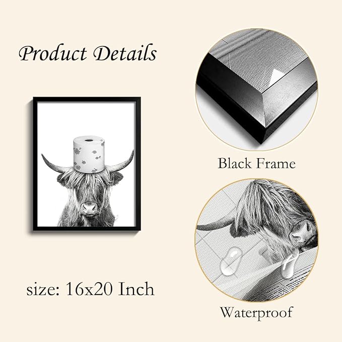 Ardakar Black and White Highland Cow Wall Art, Framed Funny Bathroom Wall Decor, Cute Highland Cow Canvas Print, Funny Kid's Room Decor Wall Art (Framed,16''x20'')