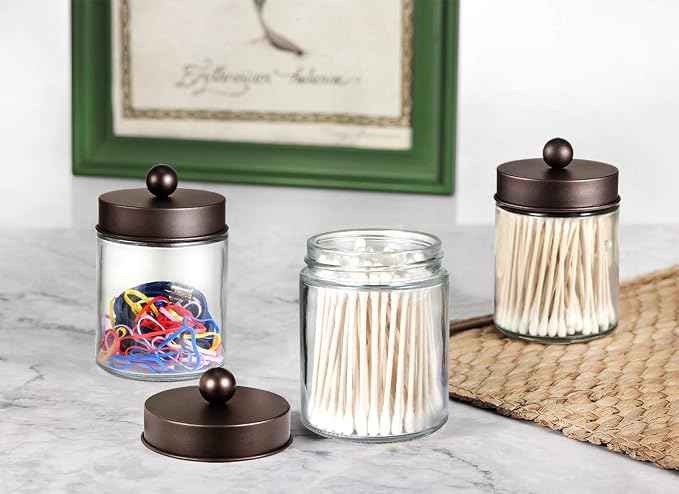 Amolliar Glass Apothecary Jar Qtip Holder Metal Lids 4pc/Bronze | Bathroom Decor Countertop Vanity Storage Organizer Set for q tip holder,Cotton Swabs/Rounds,Makeup Sponges,Cute Stickers