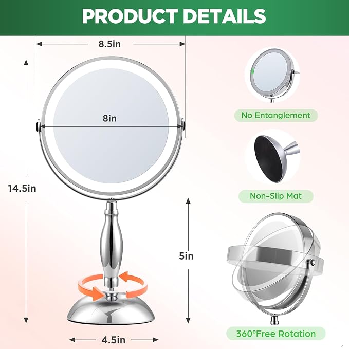 30x Magnifying Mirror, Chrome Lighted Makeup Mirror with 3 Colors Modes | Adjustable Brightness, 5000mAh Rechargeable, 360° Rotation Double Side, Large Magnifying Vanity Mirror, Gifts for Women