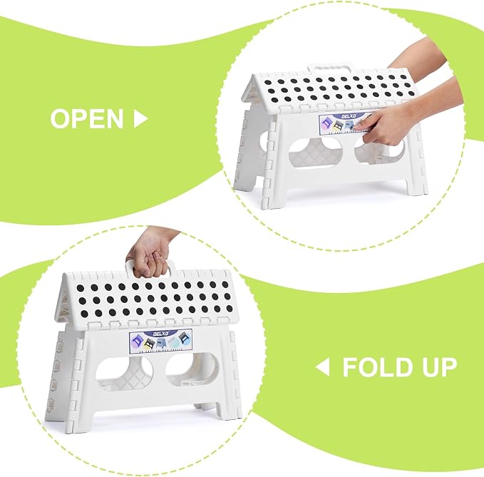 Delxo Folding Step Stool 9 inch,300Lbs Extra Wide Step Stool for Kids | Foldable Step Stool,15-Inch Extra Wide Non-Slip Foot Stools with Handle,Lightweight for Kitchen,Bathroom,Bedroom,Garden White
