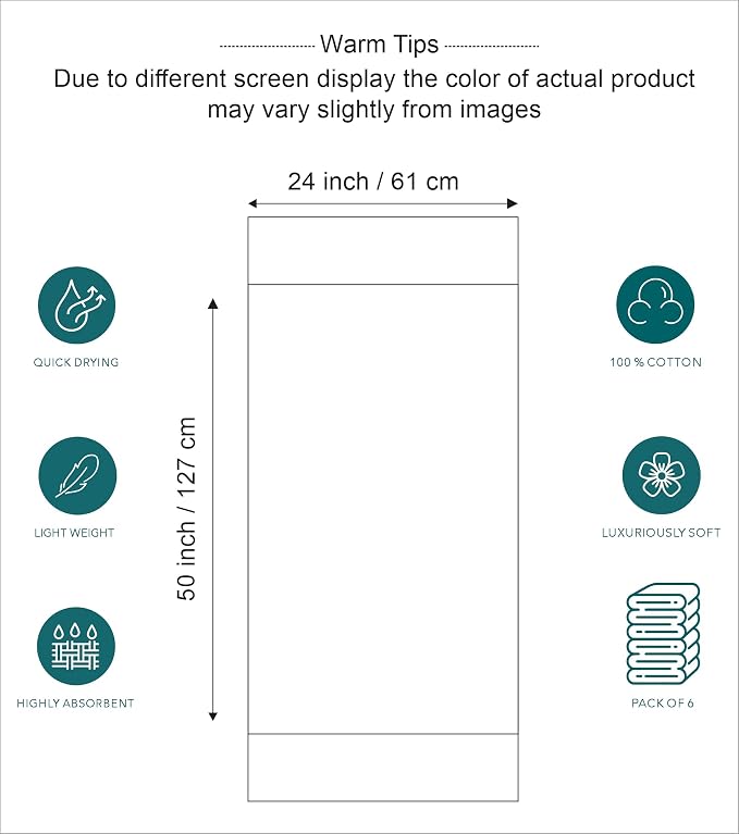 Pleasant Home Bath Towels Set of 6 (24” x 50”) 100% Cotton, Multicoloured | 515 GSM | Lightweight, Soft & Highly Absorbent Luxury Towels for Bathroom | for Gym, Pool & Spa