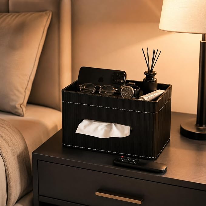 Ribbed PU Leather Tissue Box Cover with Storage Tray, Rectangular Facial Tissue Holder for Bathroom Vanity, Nightstand & Office Desk, Modern Decorative Tissue Dispenser (Matte Black)