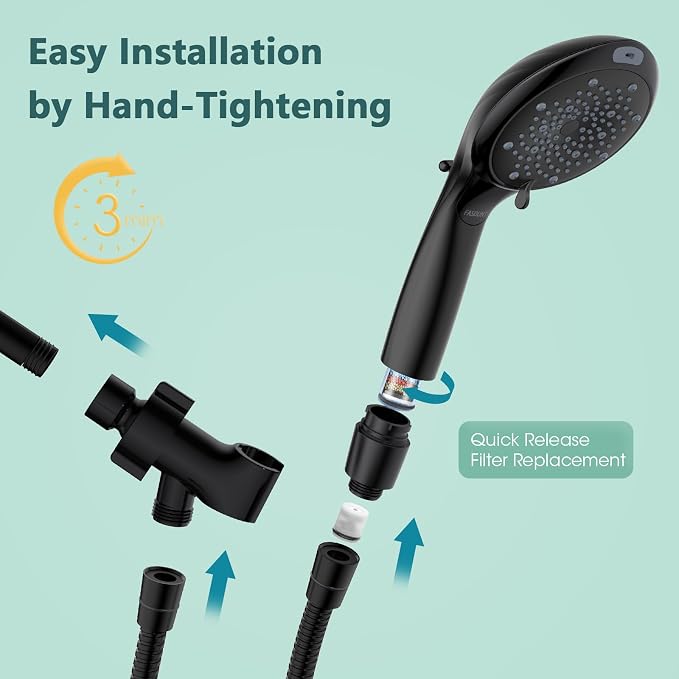Filtered Shower Head with Handheld, High Pressure 8 Sprays, Black | 80" Long Stainless Hose, Built-in Power Wash, Water Softener Filter Beads for Hard Water - Remove Chlorine, Reduce Dry Skin