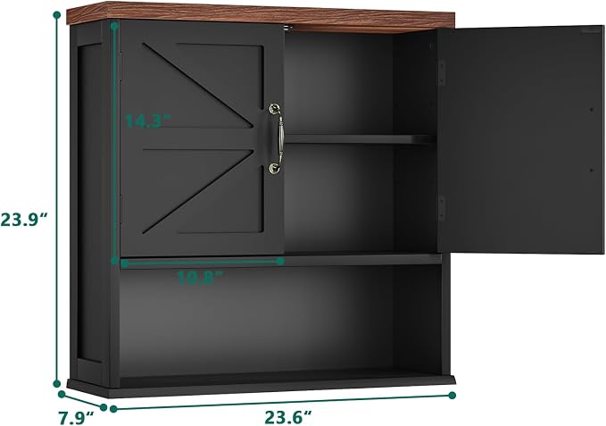 Smuxee Farmhouse Bathroom Cabinet Wall Mounted, Black Medicine Cabinet with Adjustable Shelf, Bathroom Cabinet for Living Room, Laundry Room