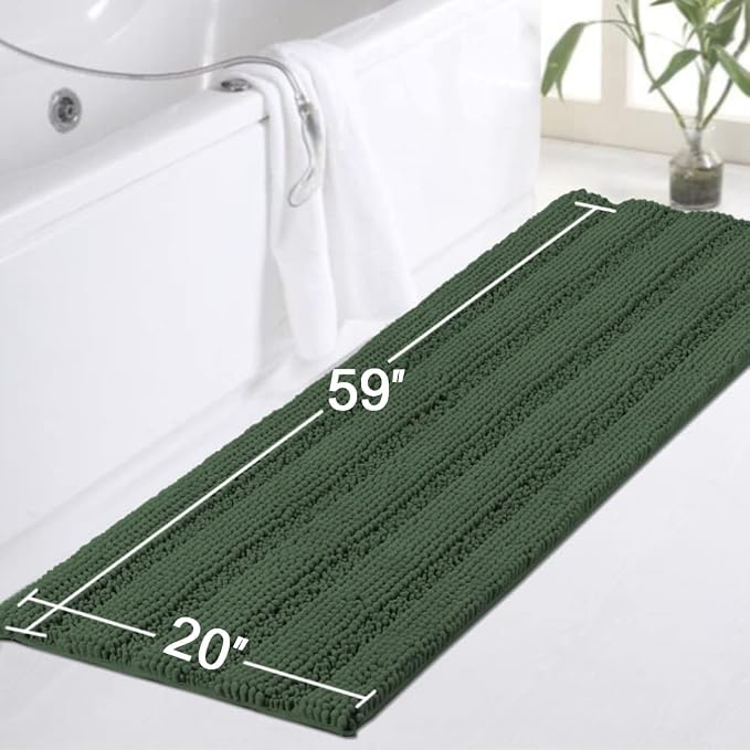 Turquoize Non Slip Shaggy Chenille Microfibers Bathroom Rug Bronze Green Bathroom Mat Extra Long Bath Rug 59 x 20 Kitchen Rugs, Super Absorbent & Soft Washable Bath Rug for Kitchen, Bronze Green