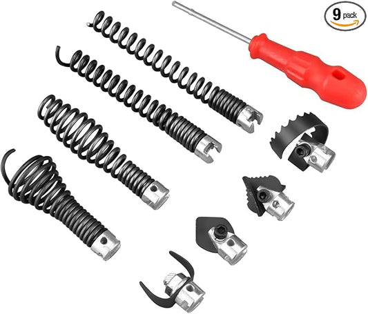 9-Piece Drain Snake Attachment Kit for Heavy-Duty Cables — Professional-Grade Tools for Experts & DIYers. Compatible with K-400,C-4,C-6,C-7,C-8,and C-9 Models. Includes 4 Cutters and 4 Spirals.