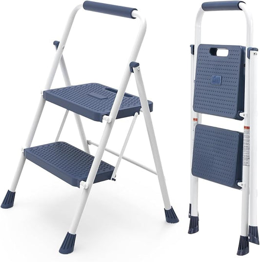 OLIXIS 2 Step Ladder, 800lbs Foldable Step Stool with Anti-Slip Pedal | Heavy Duty Portable Stepping Stool with Sturdy Steel Ladder & Comfortable Handrail, for Kitchen, Garage, Outdoor Use - Blue