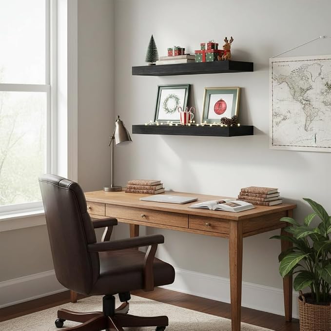 Vivelove 12" Deep Floating Shelves 24x12” Set of 2, Black | Easy Install With Hardware, 2" Thick, Invisible Brackets, Wall Mounted, No Sagging, For Any Room