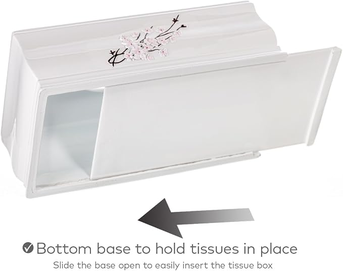 Creative Scents Vanda Rectangle Tissue Box Cover with Bottom Slider | White Tissue Box Holder Rectangular Cherry Blossom Design White Bathroom Accessories Decor