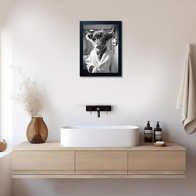 Framed Highland Cow Brushing Teeth Wall Art, Black and White Bathroom Wall Decor, Funny Cow Pictures Guest Bathroom Decor