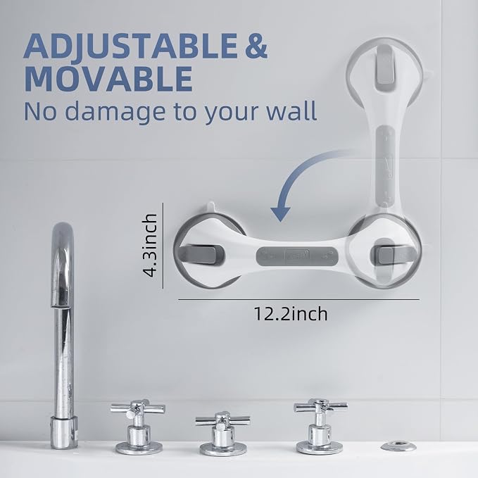 Shower Grab Bars,Suction Shower Handles,2 Pack,12.2",Grey | safety for elderly,seniors,showers,bathtubs&toilet,bathroom grip bar heavy duty rails,no drilling removable waterproof
