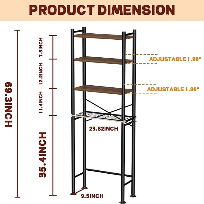 GloTika 4-Tier Over Toilet Storage, Anti-Tilt, 69.3" H, Brown | Anti-Tilt Safety System, 150lb Capacity, Carbon Steel, Freestanding, Anti-Rust Coating, Paper Holder & 4 Hooks