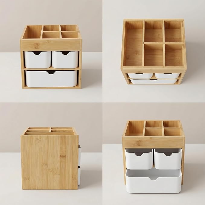 Small Bamboo Makeup Organizer（5.7" D x 8" W x 7.5" H） | Dresser Cosmetic Organizer Box Bamboo Desk Organizer for Home, Adjustable Dividers 3 Drawers