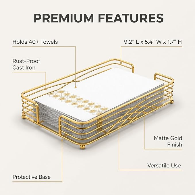 Guest Hand Towel Holder Tray for Bathroom Countertop, Gold Metal | Guest Bathroom, Powder Room & Vanity Use
