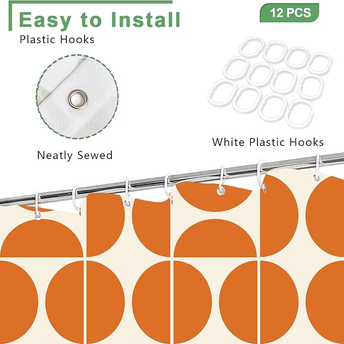 Orange Mid Century Modern Shower Curtain, Boho Abstract Geometric Retro Art Bath Curtains For Bathroom, Colorful Unique Pattern Waterproof Polyester Fabric Bathroom Accessories Set 12 Hooks 60X72IN