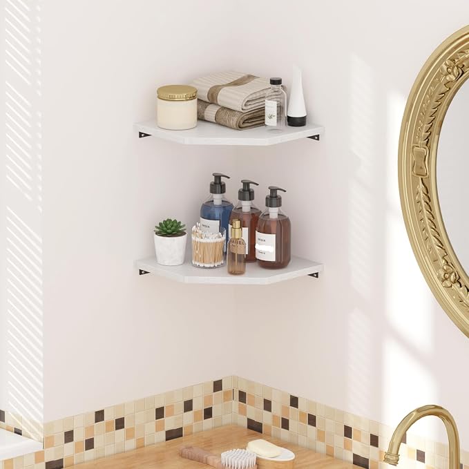 JJL Corner Shelf, 12 Inch Corner Shelf Wall Mounted with Wire Hole, 2 Tier 13.3 Inch Deep Wooden Corner Hanging Shelves for Wall Storage, for Speaker, Cable Box, White