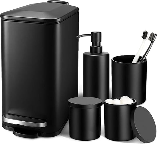 Black Bathroom Accessories Set, 5 Pcs Matte Black Bathroom Accessory Set with Trash Can, Soap Dispenser, Toothbrush Holder, Qtip Holder, Modern Bathroom Sets Complete Decor