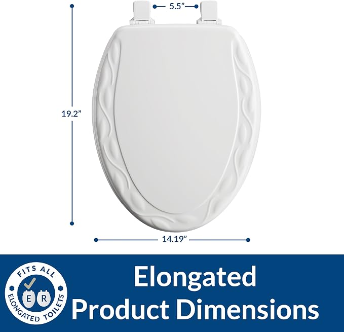 Mayfair Sculptured Ivy Toilet Seat, Easy Clean Hinges with Durable Wood Seat, Made in USA, Elongated, White