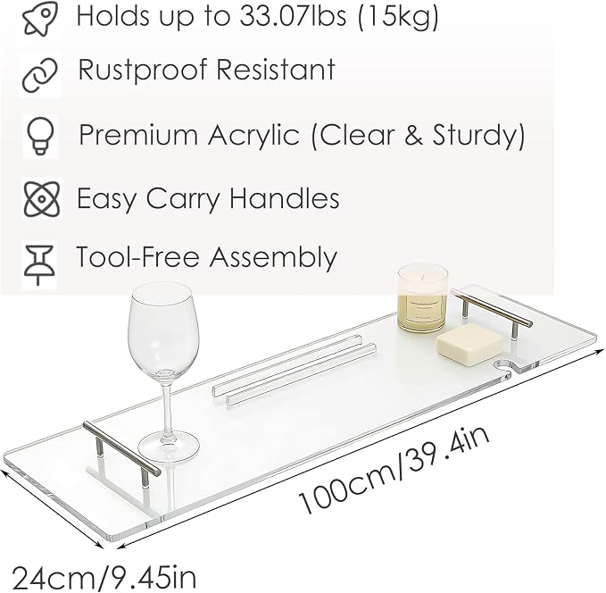 Bathtub Tray, Bath Tray for Tub, Acrylic Bath Caddy Tray for Bathtub, for Tub Luxury Spa with Tablet Slots and Wine Glass Hole, Bathroom Accessories for Decorative Bathtubs (39.4 * 9.45in)