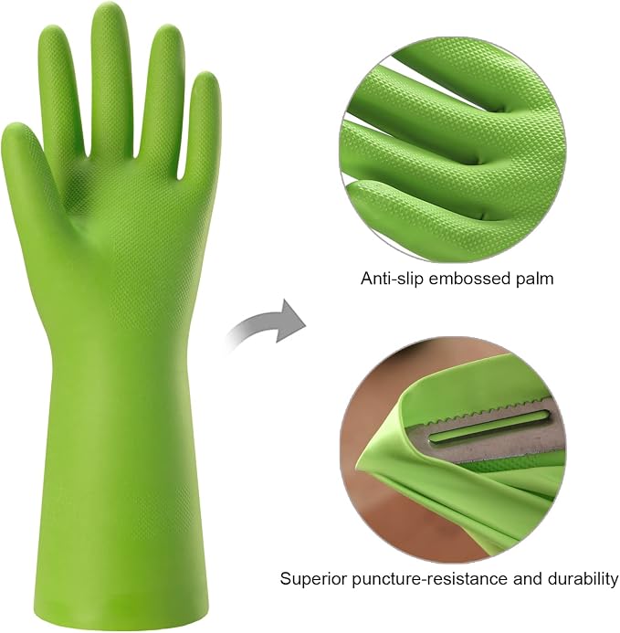 Bamllum 3 Pairs Rubber Cleaning Gloves for Household - Reusable Dishwashing Gloves for Kitchen, Flexible Long-lasting & Waterproof (Large, Green+Red+Orange)