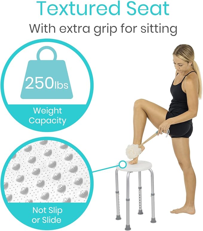 Vive Shower Stool for Inside Bath - Small, Adjustable, Plastic, Round, Non-Slip - Bathtub Seat Chair for Bathroom Safety - Waterproof Medical Universal Tub Bench for Elderly, Senior, Women, Adults | Non-Slip - Bathtub Seat Chair for Bathroom Safety - W...