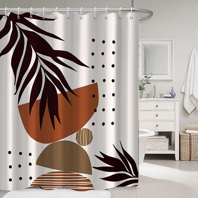 Mid Century Terracotta Shower Curtain for Bathroom 72x72 Inch | Waterproof Abstract Dark Brown Leaves Shower Curtain Set, Soft Boho Bathroom Decor, Machine Washable