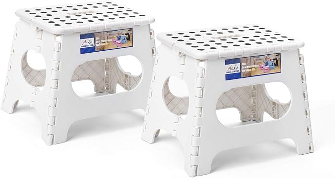 ACKO Folding Step Stools 11 Inch, 2 Pack, 300 lbs, White | Lightweight Collapsible Stools for Adults and Kids with Handles, Non-Slip, for Kitchen, Bathroom, Bedroom and Closet