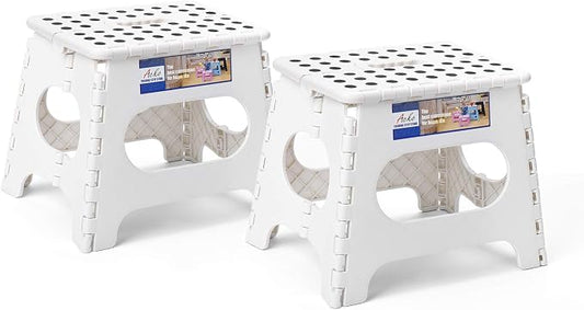 ACKO Folding Step Stools 11 Inch, 2 Pack, 300 lbs, White | Lightweight Collapsible Stools for Adults and Kids with Handles, Non-Slip, for Kitchen, Bathroom, Bedroom and Closet