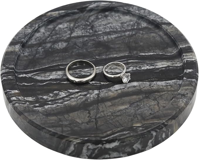 Natural Marble Tray Round 6 Inch Stone Vanity Tray for Home Decor, Black | Stone Vanity Dish Trinket Catch All, Inner 5.5 Inch Decorative Tray Organizer for Bathroom Kitchen Nightstand Counter Dresser