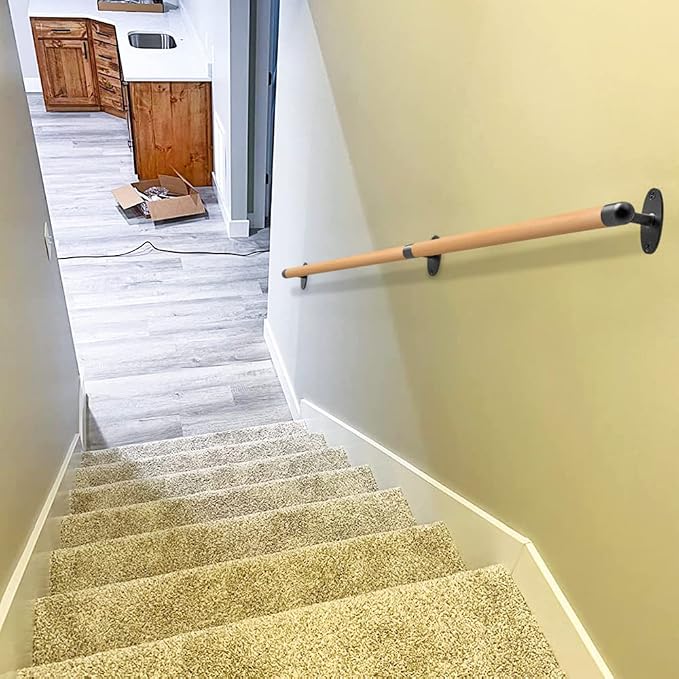 SELEWARE 52 Inch Wood Handrail Indoor Stairs Handrail Wall Mount Handrail | Indoor Outdoor Steps Stair Railing with Sturdy Metal Brackets, Barrier-Free Staircase Grab Bar for Elderly, 1.3 Inch Round