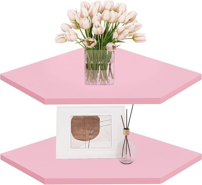 Corner Floating Shelves, Corner Wall Shelf with Cord Hole, 2 Tier Wood Hanging Corner Shelf for Bathroom, Bedroom, Living Room, Pink