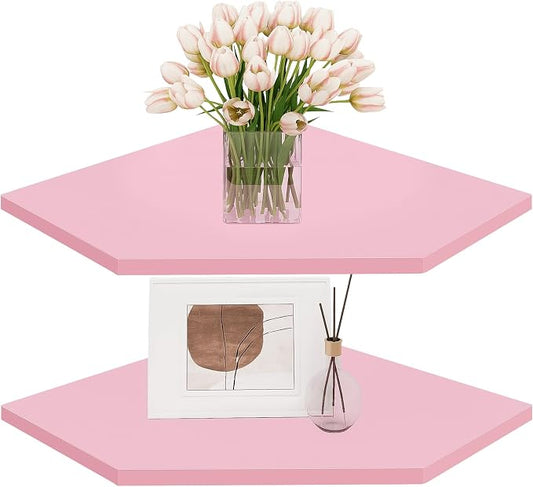 Corner Floating Shelves, Corner Wall Shelf with Cord Hole, 2 Tier Wood Hanging Corner Shelf for Bathroom, Bedroom, Living Room, Pink