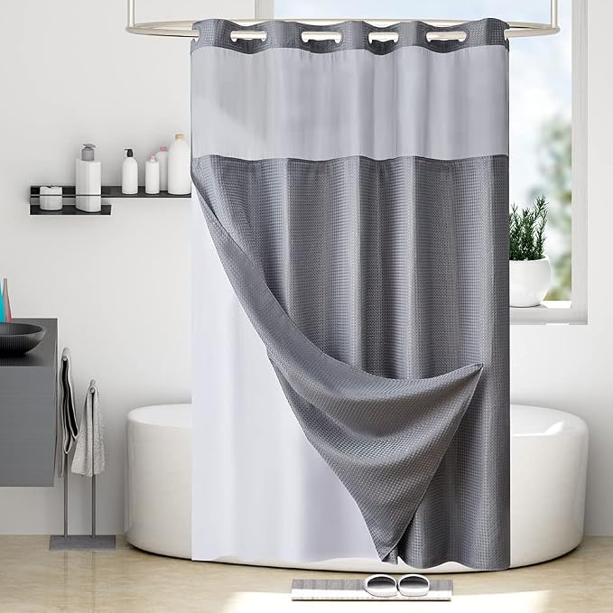 Furlinic No Hook Waffle Weave Shower Curtain with Snap in Fabric Liner,Honeycomb Textured Bathroom Curtains with See Through Top Window,Waterproof & Machine Washable,Light Grey,71x78 Inch