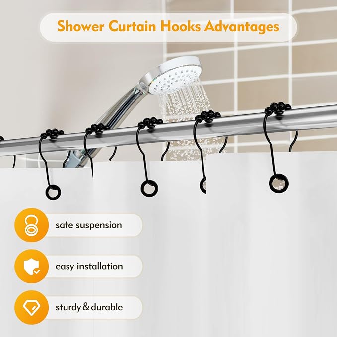 12 PCS Shower Curtain Hooks, Practical Black Shower Curtain Hooks | Metal Shower Hooks for Bathroom Shower Rods, Smooth & Quick Sliding, Secure Snap Closure, Easy Install