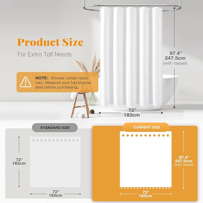 Extra Long Boho Linen Fabric Heavy Duty Shower Curtain, 72x96, White | Extra Tall Size, 330GSM Linen Blend, 3-side Tassels, Waterproof, 12 Plastic Hooks, Rustic Bohemian Style, Machine Washable