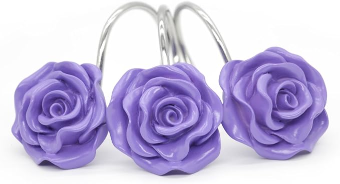BEAVO Shower Curtain Hooks, Home Decorative Rustproof Shower Curtain Hooks Resin Rose Flower Shower Hooks Rings for Bathroom Shower Rods Curtains,Set of 12 Hooks (Purple) | Purple Flower Shower Curtain Ring - Stainless Steel Shower Ring Hook with Resin...