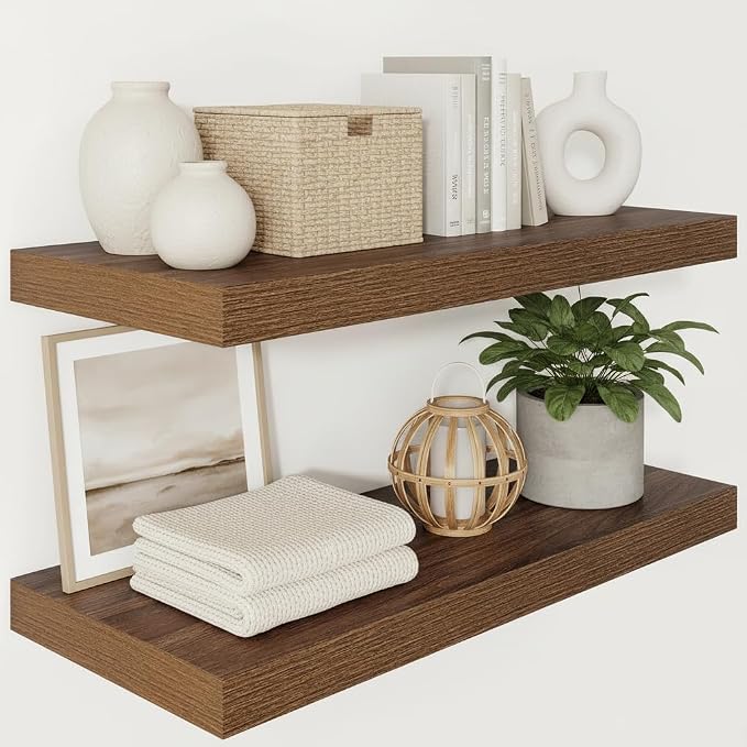 Vivelove 12 Deep Floating Shelves 30x12” Set of 2, Walnut | Easy Install With Hardware, 2" Thick, Invisible Brackets, Wall Mounted, No Sagging, For Any Room