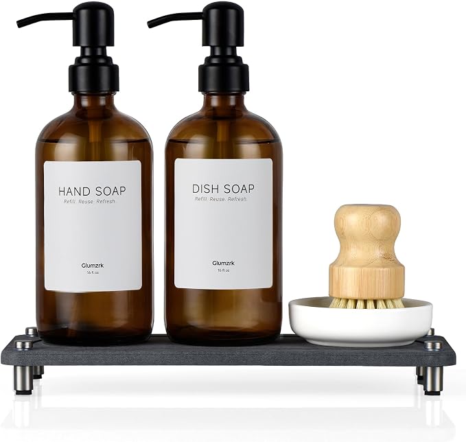 2 Pack Kitchen Soap Dispenser Set - 16oz Amber Glass Dish and Hand Soap Dispenser with Stainless Steel Pump, Instant Dry Tray, Dish Brush & Holder, Refillable Countertop Sink Decor for Kitchen & Bath