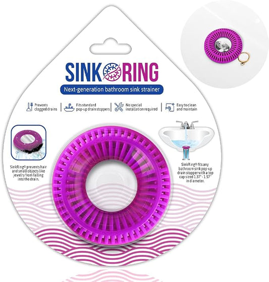SinkRing Bathroom Sink Drain Protector & Strainer for Sink Stoppers, Purple | Easy snap-in design. Precision clog-free trap prevents loss of earrings, jewelry or contacts. Fits 1.37" - 1.57" stoppers.