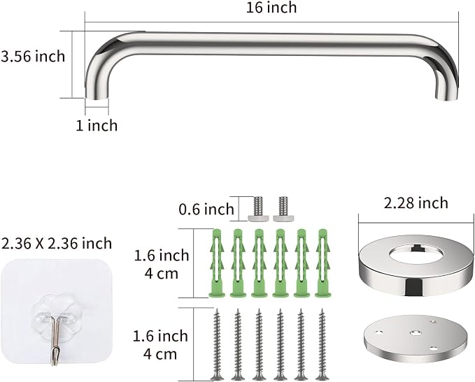 ZUEXT 16 Inch Polished Chrome Safety Grab Bar for Bathroom Shower Tub | Stainless Steel Grab Bar Handle, Bathroom Balance Bar, Safety Hand Rail Support, Handicap Elderly Injury Seniors Assist