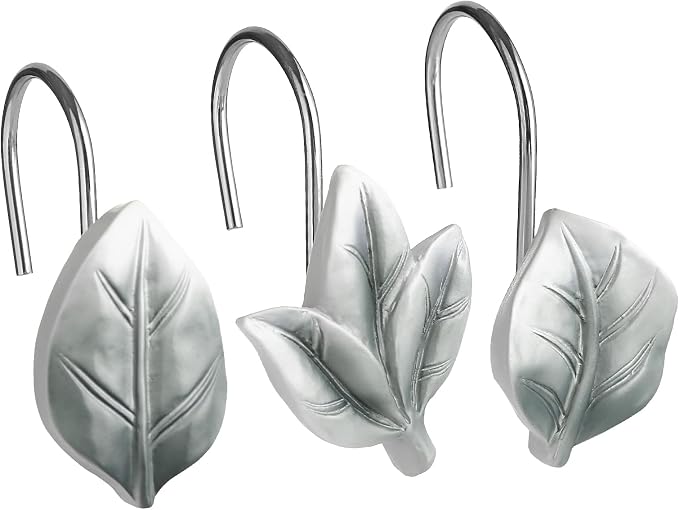 Grey Plant Leaf Shower Curtain Hooks,Eucalyptus Bathroom Decor,12PCS | Cute Decorative Leaves Shower Curtain Rings,Metal Rustproof,Easy Installation,Smooth sliding