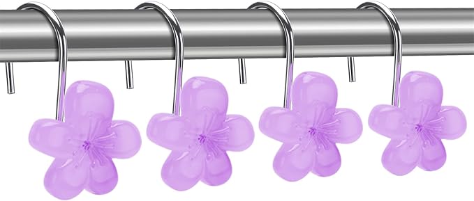 Cute Flower Shower Curtain Hooks, Glow in The Dark, Pretty Floral Themed Elegant Bathroom Decor, Purple