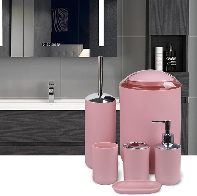 CERBIOR Bathroom Accessories Set 6 Piece Bath Ensemble, Blush Pink | Includes Soap Dispenser, Toothbrush Holder, Toothbrush Cup, Soap Dish for Decorative Countertop and Housewarming G