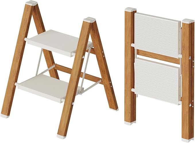 Mayi Plus 2 Step Stool Foldable, Aluminum, Lightweight Step Ladder | Extra-wide anti-slip folding steps with 330 lbs, for home,kitchen,office,outdoor,White & Woodgrain